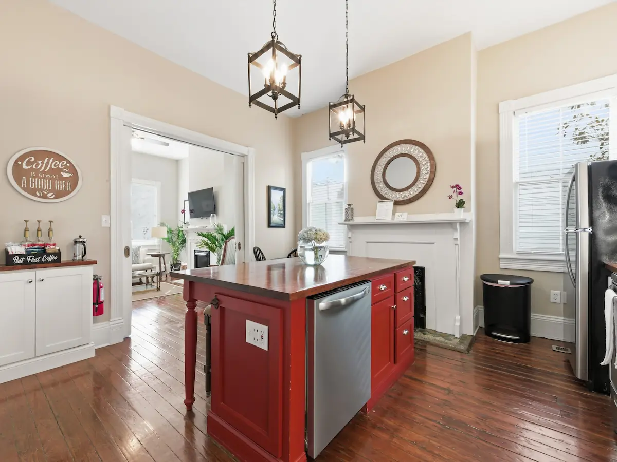 Kitchen with red island